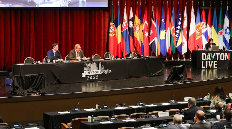 Delegates at the NATO assembly meet for a morning political committee meeting in the Benjamin and Marian Schuster Center's Winsupply Theater Sunday, May 25, 2025. BRYANT BILLING