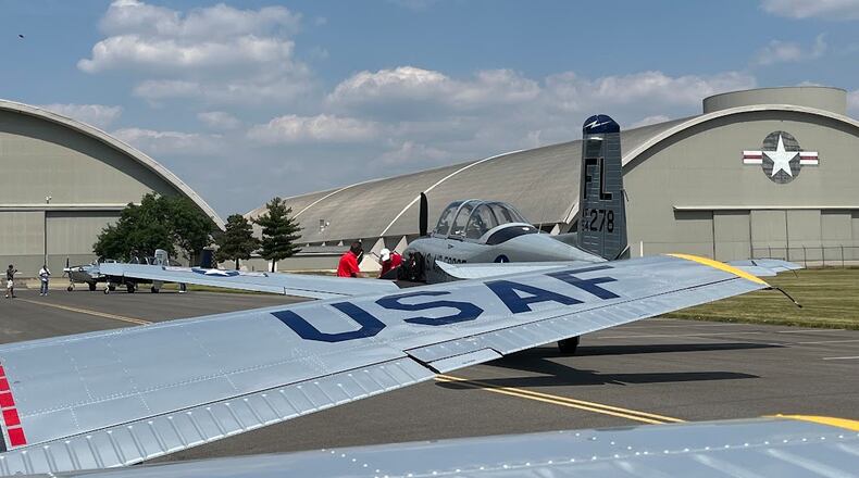 Two of the T-34s that landed at the National Museum of the US Air Force Friday. THOMAS GNAU/STAFF