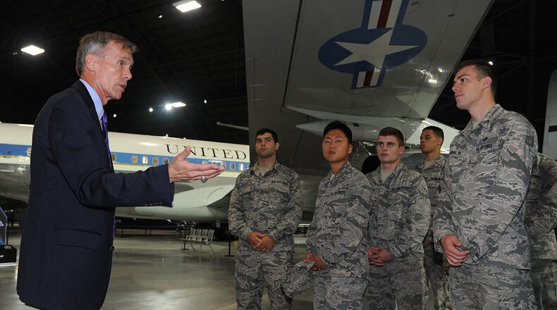 U.S. Air Force Academy cadets view the recently opened fourth building at the National Museum of the U.S. Air Force June 1, guided by retired Lt. Gen. John L. Hudson, the museum’s director. Cadets visited Wright-Patterson Air Force Base as part of the Ops AF program, giving them real-world experience with Air Force culture and careers to aid their professional development. (U.S. Air Force photo/Tech. Sgt. Scott Johnson)