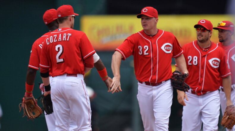 CINCINNATI, OH - JULY 6: Jay Bruce #32 of the Cincinnati Reds celebrates after Cincinnati defeated the Milwaukee Brewers 4-2 at Great American Ball Park on July 6, 2014 in Cincinnati, Ohio. (Photo by Jamie Sabau/Getty Images)