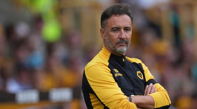 FILE - Wolverhampton Wanderers' head coach Vitor Pereira concentrates during the English Premier League soccer match between Wolverhampton Wanderers and Manchester City at Molineux Stadium, Wolverhampton, England, Saturday, Aug. 16, 2025. (AP Photo/Dave Shopland, file)