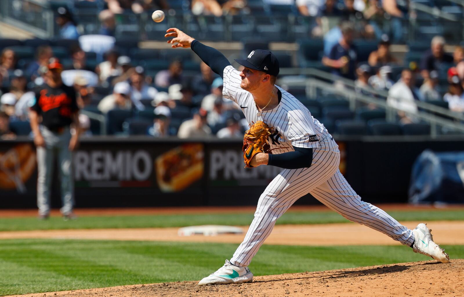 New York Yankees pitcher Clarke Schmidt throws during the seventh inning of a baseball game against the Baltimore Orioles, Saturday, June 21, 2025, in New York. (AP Photo/Noah K. Murray)