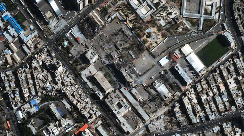 This satellite image provided by Vantor shows the Islamic Revolutionary Court after airstrikes, in Tehran, Iran, Tuesday, March 3, 2026. (Satellite image ©2026 Vantor via AP)