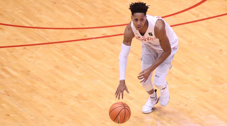 Dayton’s Darrell Davis dribbles against Auburn on Nov. 29, 2017, at UD Arena. David Jablonski/Staff