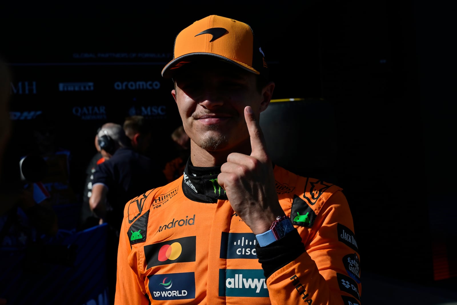 McLaren driver Lando Norris of Britain reacts after winning the Austrian Formula One Grand Prix in Spielberg, Austria, Sunday, June 29, 2025. (AP Photo/Denes Erdos, Pool)