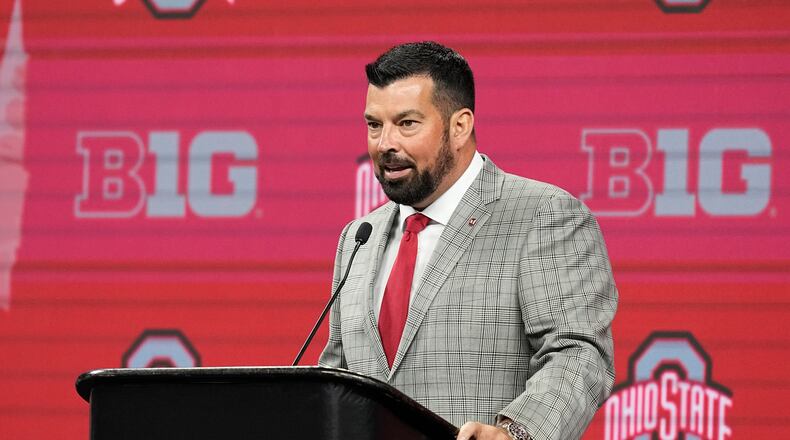 Ohio State head coach Ryan Day speaks during an NCAA college football news conference at the Big Ten Conference media days at Lucas Oil Stadium, Wednesday, July 26, 2023, in Indianapolis. (AP Photo/Darron Cummings)