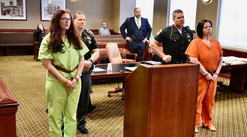 Chelsea Bussell, left, and Jamie Strack, right were arraigned Tuesday in Butler County Common Pleas Court for involuntary manslaughter and kidnapping for the shooting death of Brandon York in December. NICK GRAHAM/STAFF