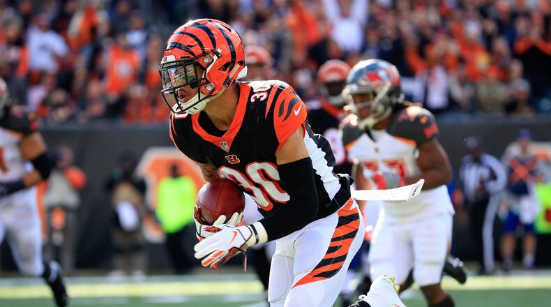 CINCINNATI, OH - OCTOBER 28: Jessie Bates #30 of the Cincinnati Bengals returns an interception for a touchdown against the Tampa Bay Buccaneers at Paul Brown Stadium on October 28, 2018 in Cincinnati, Ohio. (Photo by Andy Lyons/Getty Images)
