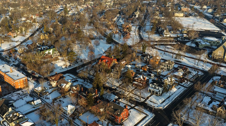 Aerial view of homes on Yale Ave. in the Dayton View Historic District Wednesday, Feb. 11, 2026. NICK GRAHAM VIA DRONE/STAFF