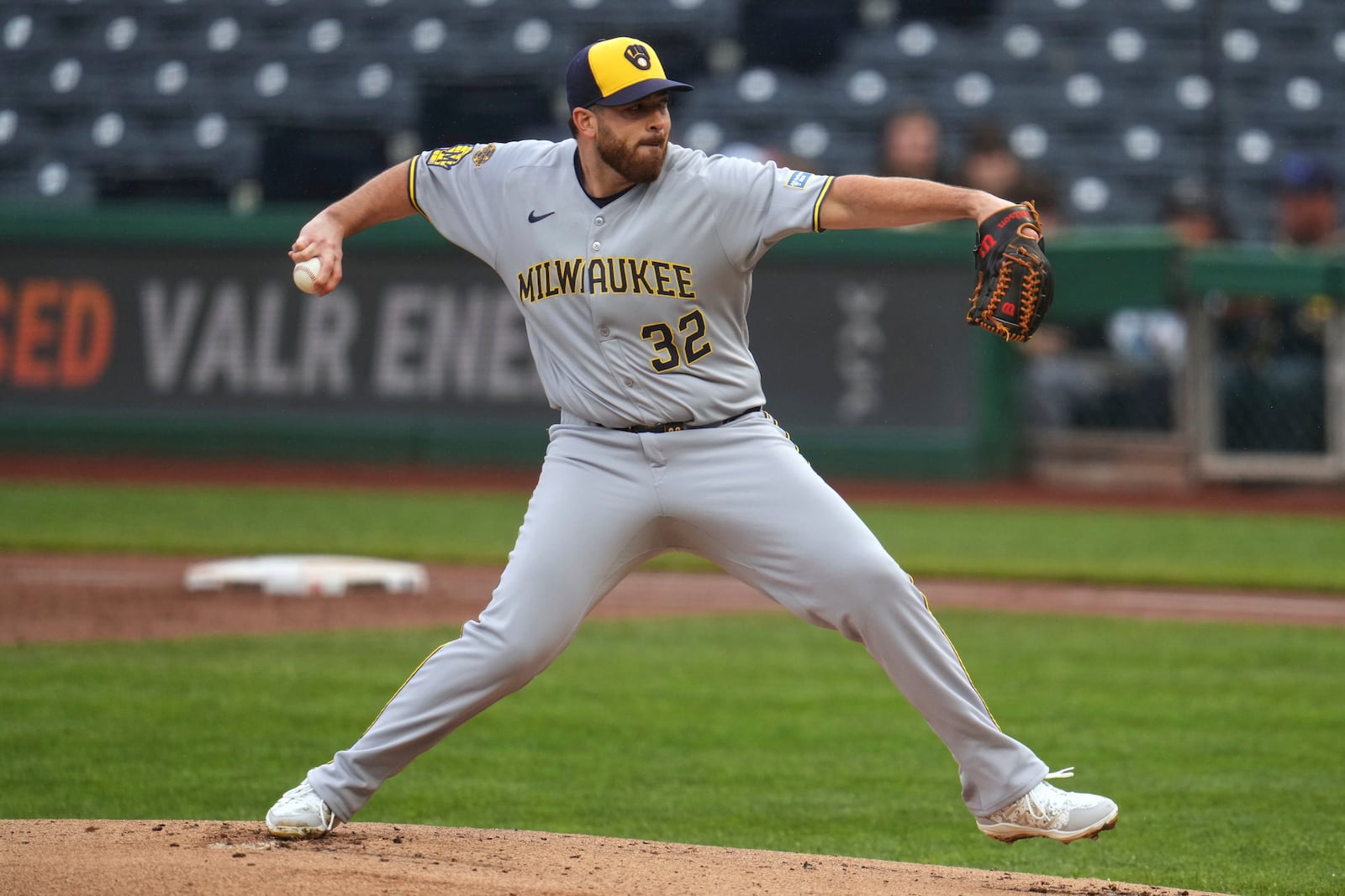 Milwaukee Brewers pitcher Aaron Civale delivers during the first inning of a baseball game against the Pittsburgh Pirates in Pittsburgh, Thursday, May 22, 2025. (AP Photo/Gene J. Puskar)