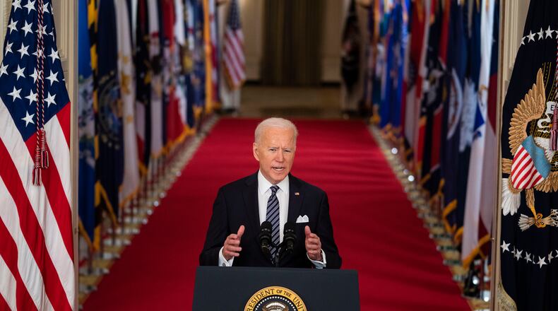 President Joe Biden addresses the nation on the anniversary of the COVID-19 shutdown, from the White House in Washington on Thursday, March 11, 2021. The president is delivering his first prime-time White House address, hours after signing into law a $1.9 trillion stimulus package. (Doug Mills/The New York Times)