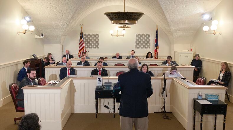 Members of the Ohio House Constitutional Resolutions Committee hear opponent testimony Tuesday, May 2, 2023, at the Ohio Statehouse in Columbus, Ohio, on a resolution that would seek voter approval for requiring a 60% supermajority vote on all future amendments to the Ohio Constitution. (AP Photo/Julie Carr Smyth)