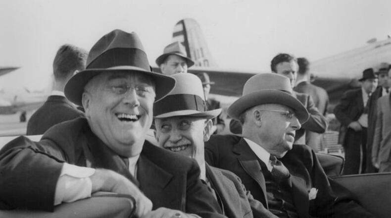 President Franklin Roosevelt, along with Orville Wright, during a visit to Wright Field on Oct. 12, 1940. FDR's motorcade went downtown to Courthouse Square where he addressed a crowd estimated at 100,000.