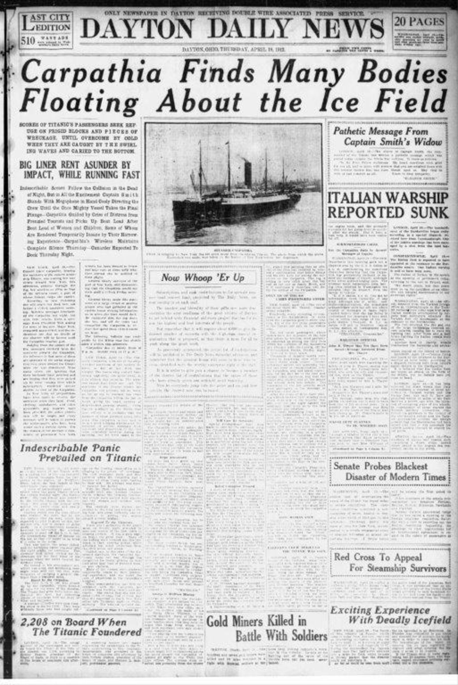 Dayton Daily News front page from April 18, 1912 covering the Titanic sinking.