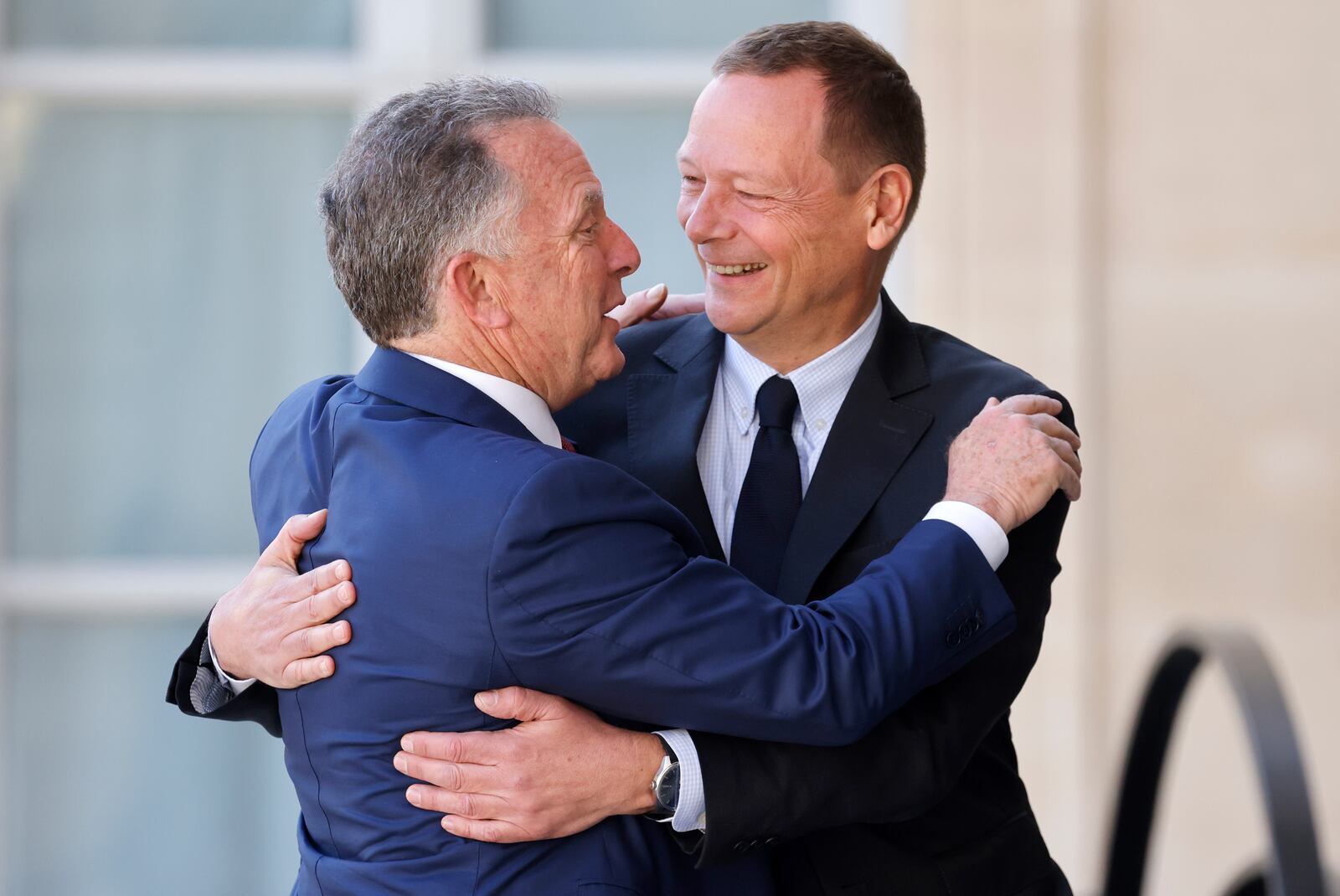 U.S. Special Envoy Steve Witkoff, left, is welcomed by French President diplomatic advisor Emmanuel Bonne for a meeting at the Elysee Palace in Paris, Thursday, April 17, 2025. (Ludovic Marin/Pool Photo via AP)