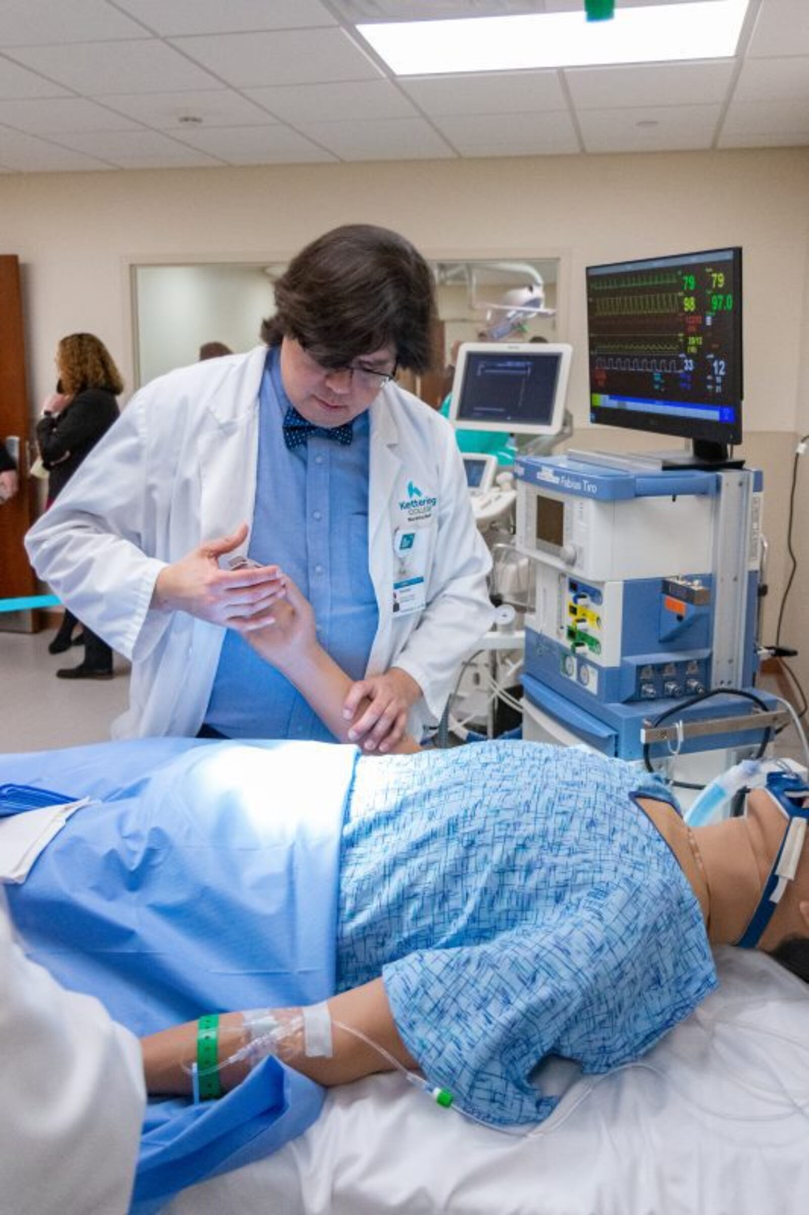 Gerson Hortua, Nursing Simulation Technician, displays the realistic qualities of the manikins in the lab. Photo by Joel Granados, Kettering College Communications Specialist
