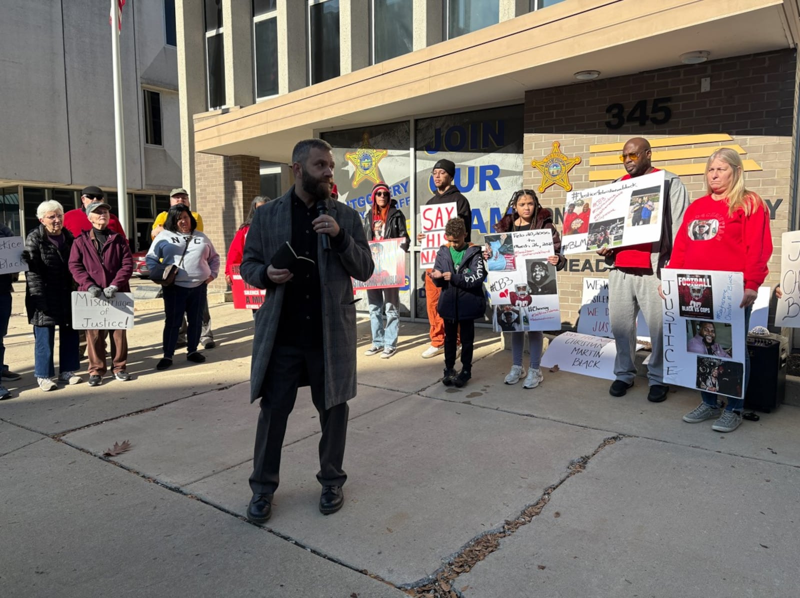 The Montgomery County Jail Coalition held a rally Nov. 22 for civilian oversight and in protest of the grand jury’s decision not to indict the offers responsible for the death of Christian Black. Pictured speaking is Joel Pruce, co-chair of the coalition. Brooke Spurlock/Staff