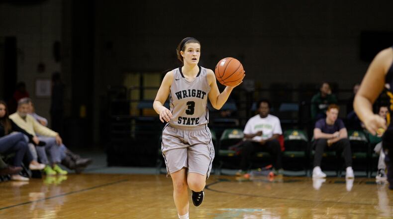 December 15, 2015: Wright State guard Emily Vogelpohl (3) brings the ball up during the NCAA Women’s Basketball game between the Mount St. Joseph Lions and the Wright State Raiders at the Nutter Center in Fairborn, Ohio. TIM ZECHAR/CONTRIBUTED