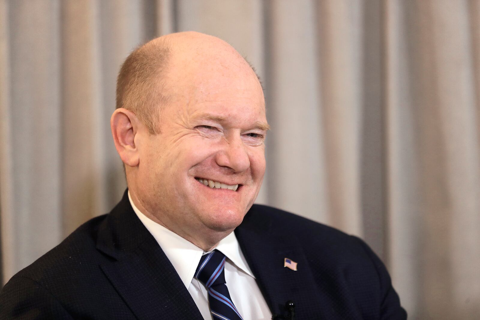 U.S. Senator Chris Coons is interviewed by the Associated Press in Taipei, Taiwan, Thursday, April 17, 2025. (AP Photo/Chiang Ying-ying)