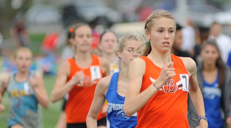 Beavercreek’s Taylor Ewert, here winning a GWOC outdoor title last spring, won indoor state track championships at 1600 and 3200 meters March 2, 2019. MARC PENDLETON / STAFF