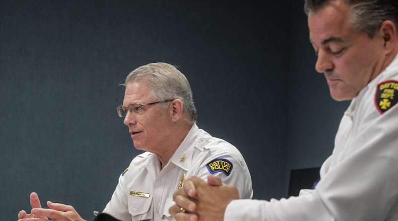 Reflecting on the one-year anniversary of the Oregon District shooting, Dayton Police Chief Richard Biehl, left and City of Dayton Fire Chief Jeff Lykins. JIM NOELKER/STAFF