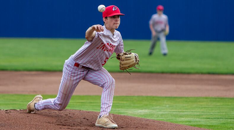 Cedarville's Zach Creeden struck out eight and allowed only an unearned run in Wednesday's Division VII region final victory over Fayetteville-Perry at Cedarville University. Jeff Gilbert/CONTRIBUTED
