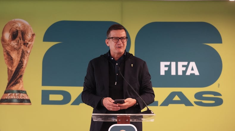 Heimo Schirgi, FIFA soccer chief event operations officer, speaks during a news conference announcing the 2026 FIFA World Cup Fan Festival soccer experience in Dallas, Monday, March 9, 2026. (AP Photo/LM Otero)