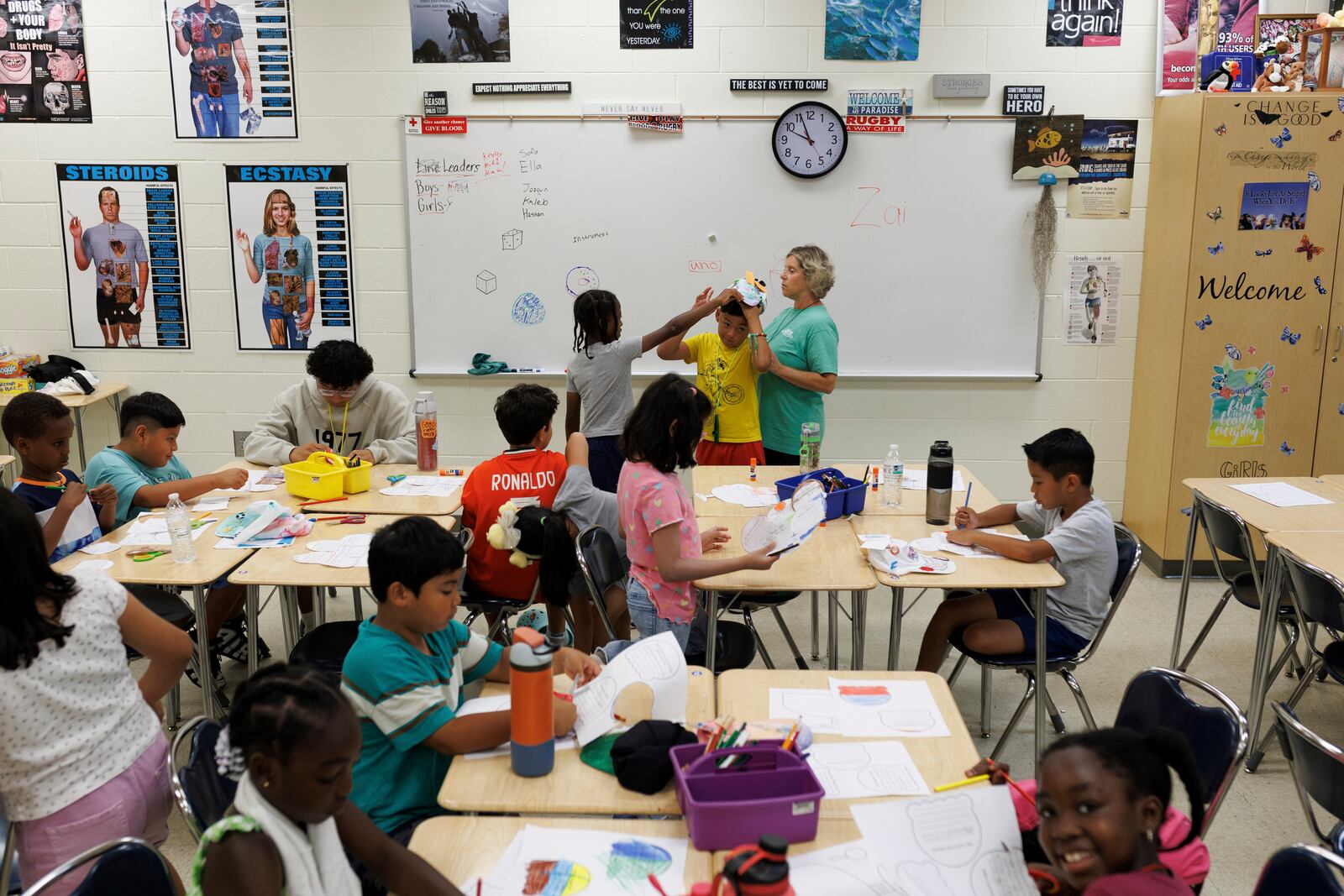 LASOS summer campers work on an art project at Bel Air High School in Bel Air, Md., on Thursday, July 24, 2025. (AP Photo/KT Kanazawich)