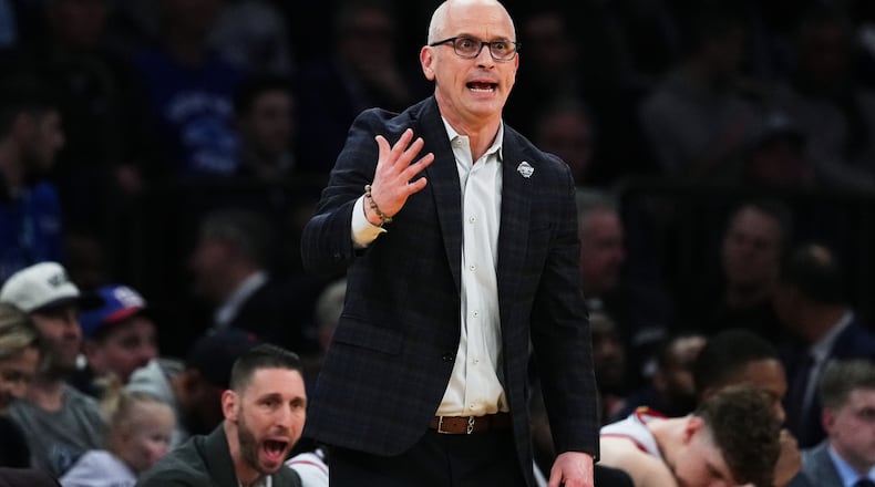 UConn head coach Dan Hurley argues for a call during first half of an NCAA college basketball game against Xavier in the quarterfinals of the Big East basketball tournament Thursday, March 12, 2026, in New York. (AP Photo/Frank Franklin II)