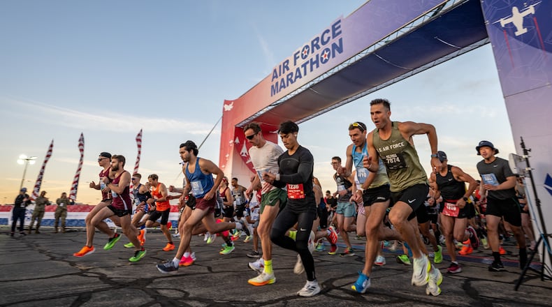 Runners leave the Air Force Marathon’s starting line area at Wright-Patterson Air Force Base Sept. 16, 2023. This year marks the 27th year of the event. (Air Force photo by Daniel Peterson)