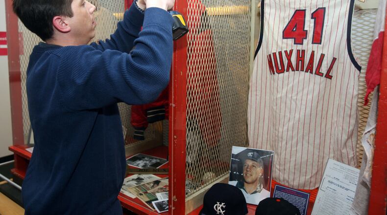 Part of the Joe Nuxhall exhibit is installed at the Reds Hall of Fame and Museum.