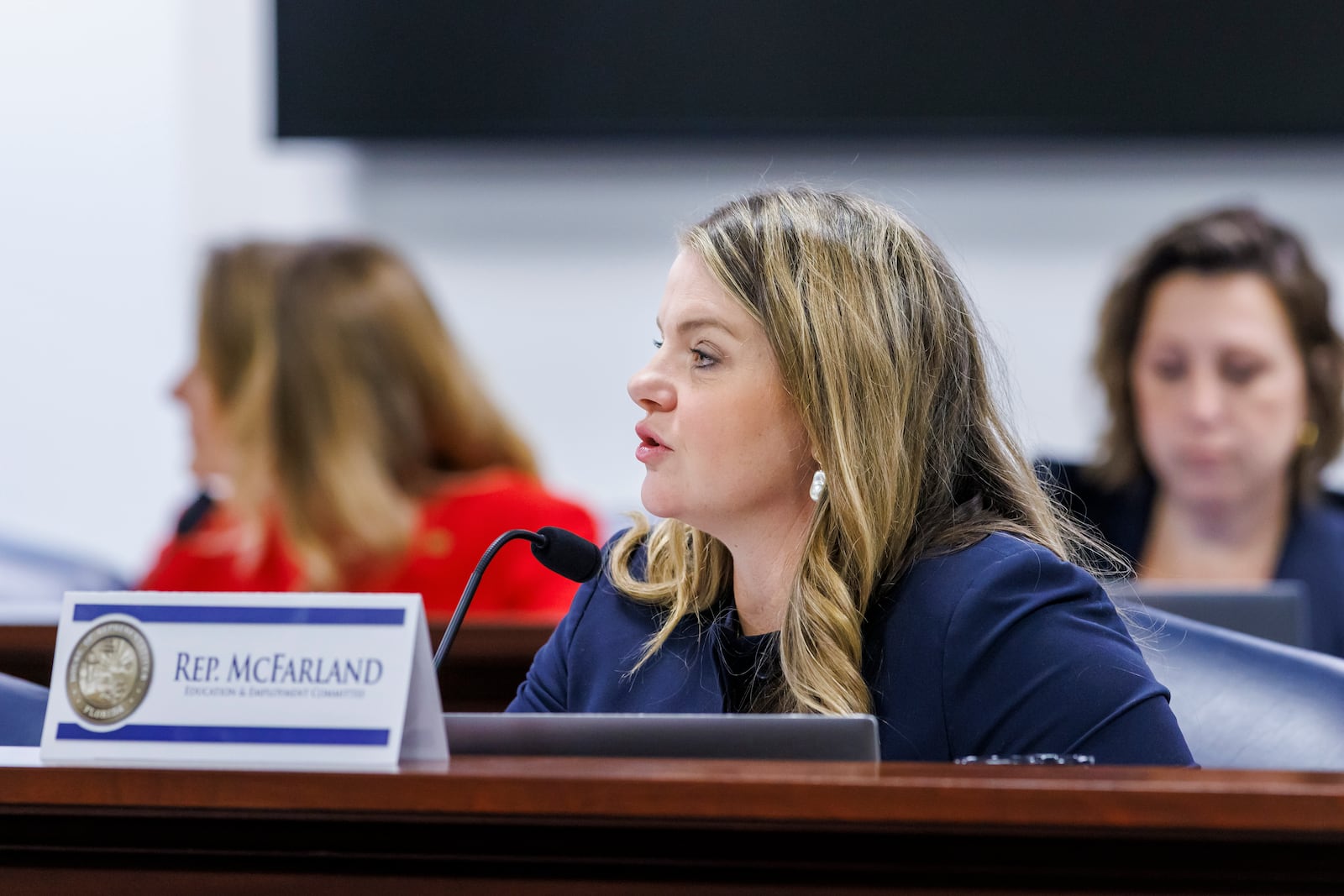 Florida Rep. Fiona McFarland, R-Sarasota, speaks during the Education & Employment Committee, Thursday, April 17, 2025, in Tallahassee, Fla. (AP Photo/Colin Hackley)