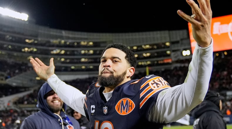 Chicago Bears' Caleb Williams celebrates after an NFL wild-card playoff football game against the Green Bay Packers Saturday, Jan. 10, 2026, in Chicago. (AP Photo/Erin Hooley)