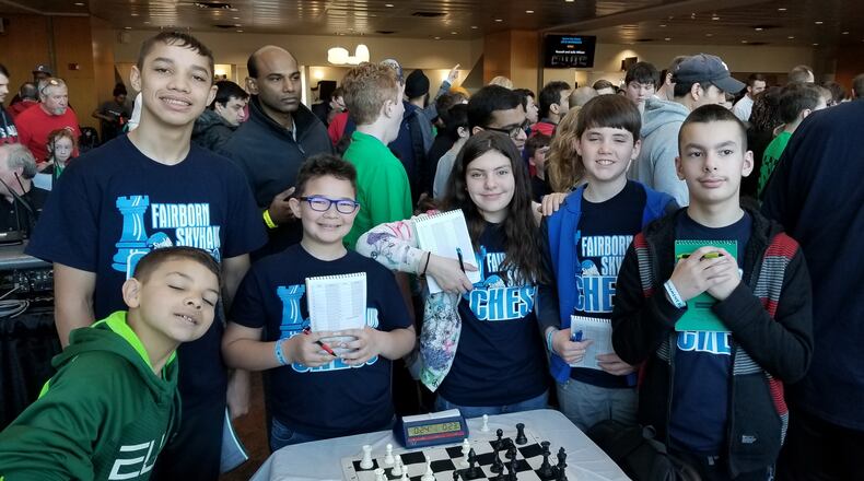 The Fairborn chess club at the Queen City chess tournament in Cincinnati this year. From left to right: Owen Myers, Xander Moore, Kaylee Lykins, Matthew Wardle, William Lykins. CONTRIBUTED