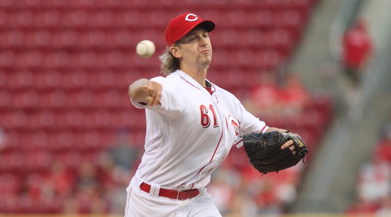 Reds starter Bronson Arroyo pitches against the Brewers on Thursday, April 13, 2017, at Great American Ball Park in Cincinnati. David Jablonski/Staff