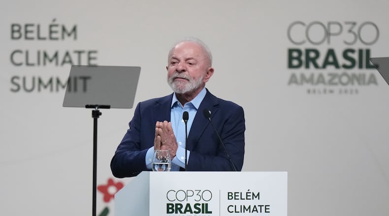 Brazilian President Luiz Inacio Lula da Silva addresses a plenary session of the COP30 U.N. Climate Summit in Belem, Brazil, Thursday, Nov. 6, 2025. (AP Photo/Fernando Llano)