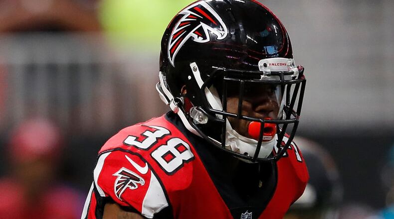 ATLANTA, GA - AUGUST 31: Brian Hill #38 of the Atlanta Falcons rushes against the Jacksonville Jaguars at Mercedes-Benz Stadium on August 31, 2017 in Atlanta, Georgia. (Photo by Kevin C. Cox/Getty Images)