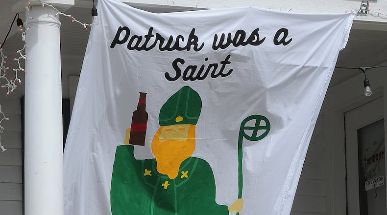 One of the many banners hanging up on the University of Dayton campus on Wednesday, March, 17, 2021, St. Patrick's Day. MARSHALL GORBY\STAFF