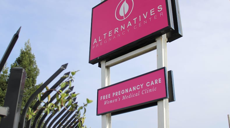 A sign for the Alternatives Pregnancy Center in Sacramento, Calif., is seen on Friday, Oct. 24, 2025. (AP Photo/Sophie Austin)