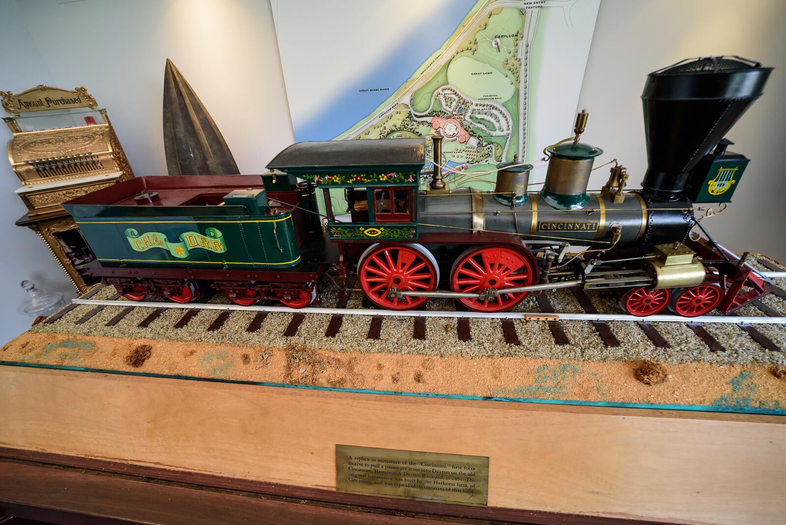 Here’s a sneak peek at Dayton History’s new Carillon Park Railroad project, manufactured in England by Severn Lamb. The train is a full-size replica of the “Cincinnati,” the first locomotive to pull a passenger train into Dayton in 1851 on the Cincinnati, Hamilton & Dayton Railroad. The railroad fulfills the dream of Carillon Park founder Col. Edward A. Deeds to have a fully functional railroad in the park based on his miniature of the “Cincinnati” which is still in Dayton History’s collection. The railroad, which can accommodate 120 passengers and travels along a one-mile track around the perimeter of the park, will be open to the public following a dedication event for members on Tuesday, May 2, 2023. TOM GILLIAM / CONTRIBUTING PHOTOGRAPHER