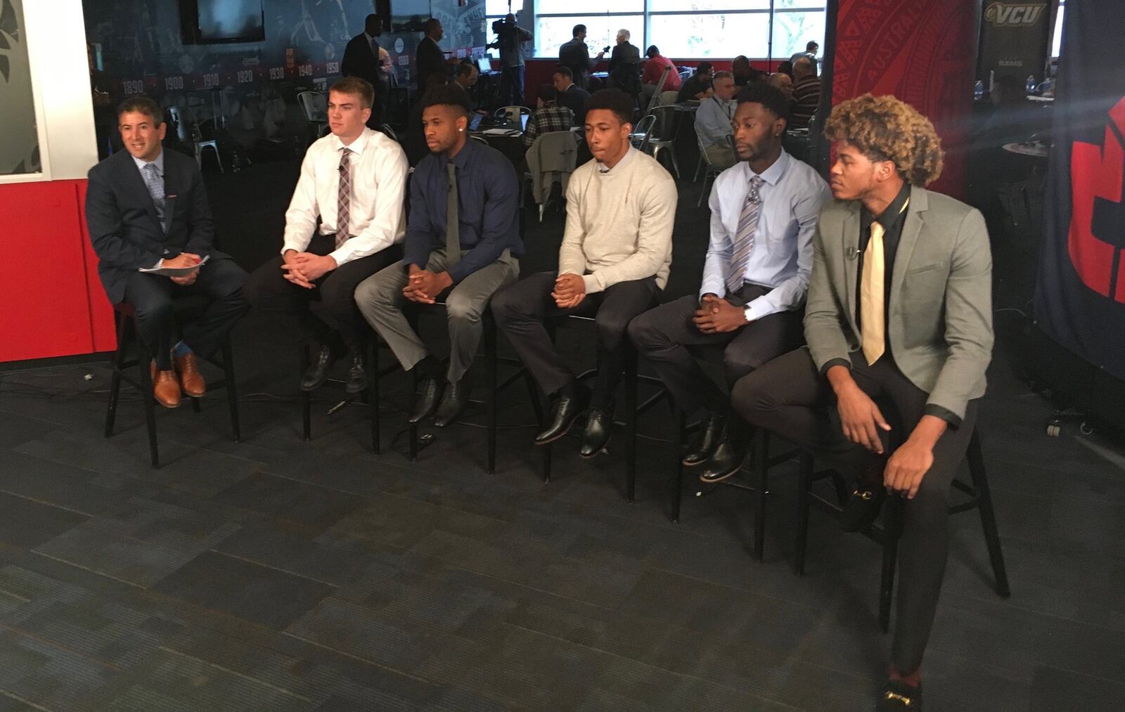 Andy Katz conducts an interview with Davidson’s Peyton Aldridge, Rhode Island’s E.C. Matthews, St. Bonaventure’s Jaylen Adams and Matt Mobley and VCU’s Justin Tillman, all members of the Atlantic 10 preseason first team, at A-10 Media Day on Tuesday, Oct. 17, 2017, at the Capital One Center in Washington, D.C. David Jablonski/Staff