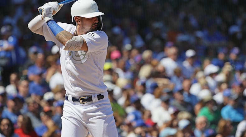 CHICAGO, ILLINOIS - AUGUST 24: Nicholas Castellanos #6 of the Chicago Cubs bats against the Washington Nationals at Wrigley Field on August 24, 2019 in Chicago, Illinois. (Photo by Jonathan Daniel/Getty Images)