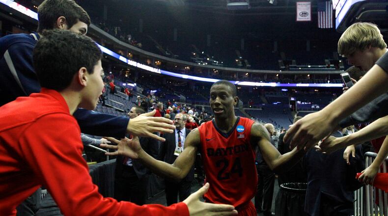 Dayton's Jordan Sibert leaves the court after a victory against Providence in the second round of the NCAA tournament on Friday, March 20, 2015, at Nationwide Arena in Columbus.