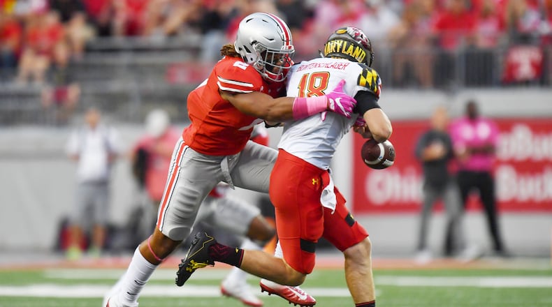 COLUMBUS, OH - OCTOBER 7: Chase Young #2 of the Ohio State Buckeyes hits quarterback Max Bortenschlager #18 of the Maryland Terrapins in the backfield causing a fumble in the third quarter at Ohio Stadium on October 7, 2017 in Columbus, Ohio. Ohio State defeated Maryland 62.14. (Photo by Jamie Sabau/Getty Images)