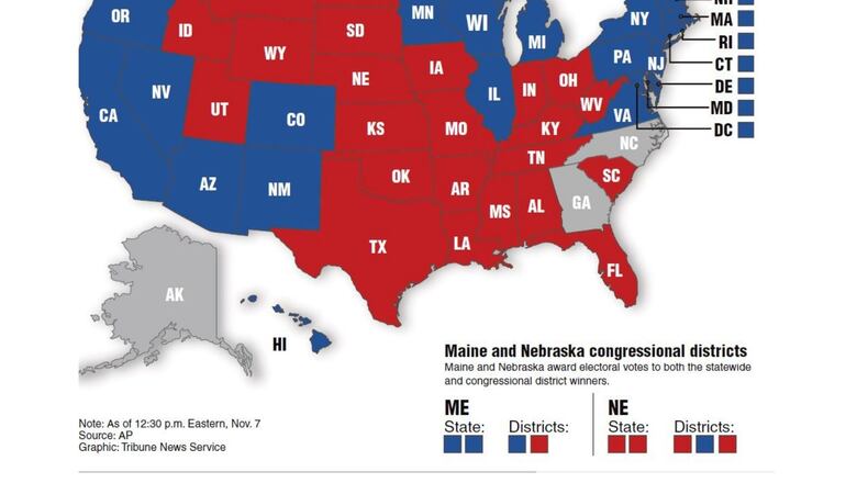 This Associated Press presidential election projection map appeared in the Dayton Daily News Sunday, November 8.