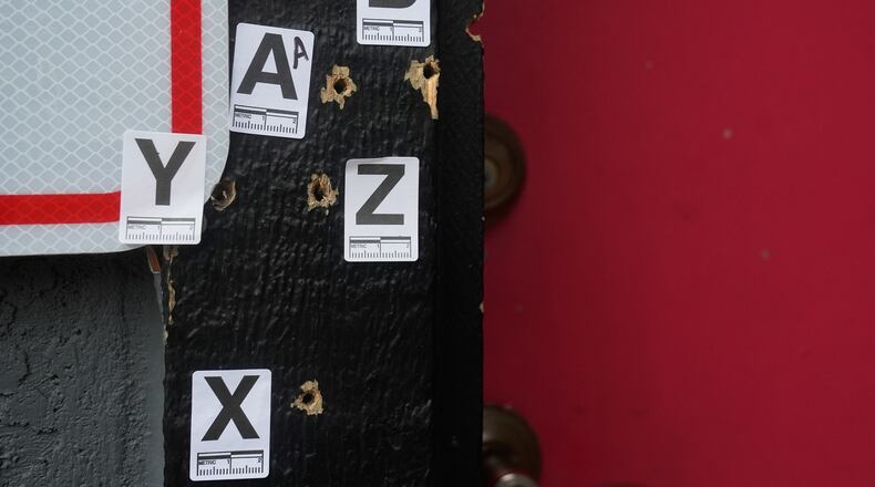 Bullet holes are shown where a mass shooting took place Saturday at a banquet hall in Stockton, Calif., Monday, Dec. 1, 2025. (AP Photo/Jeff Chiu)