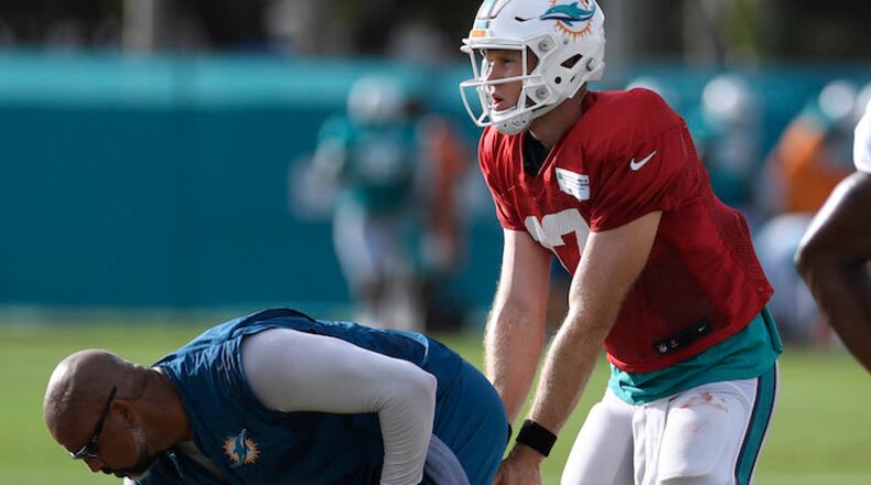 Miami Dolphins quarterback Ryan Tannehill during training camp on Thursday, Aug. 3, 2017 before he suffered an injury during padded practice in Davie, Fla. (Taimy Alvarez/Sun Sentinel/TNS)