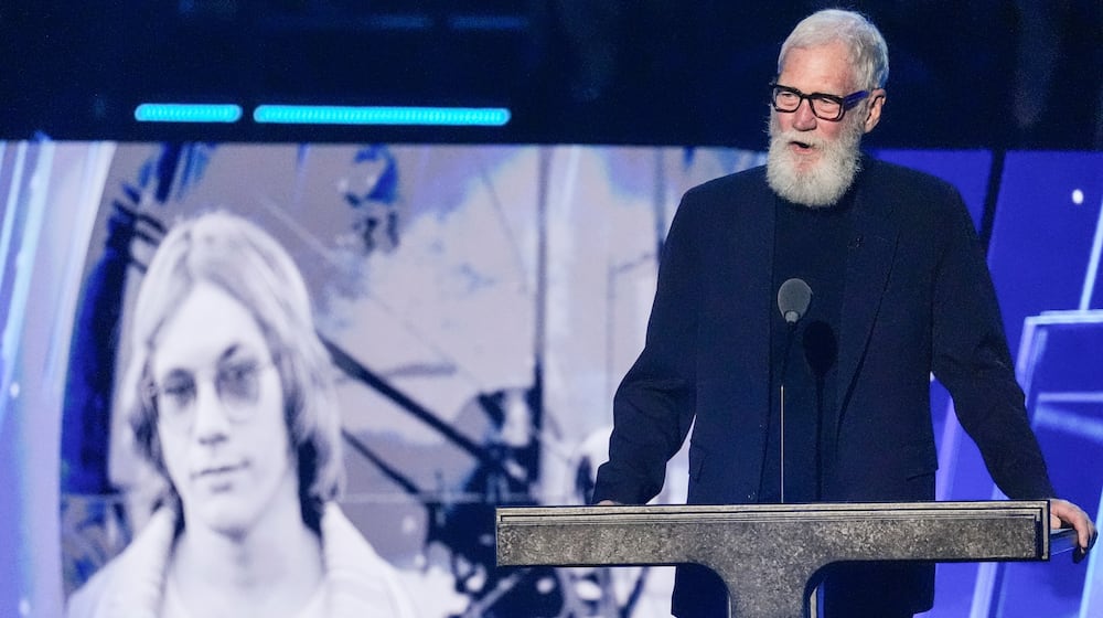 David Letterman speaks during the 2025 Rock and Roll Hall of Fame Induction Ceremony on Saturday, Nov. 8, 2025, at L.A. Live in Los Angeles. (AP Photo/Chris Pizzello)