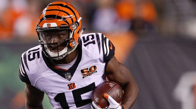 CINCINNATI, OH - SEPTEMBER 14: John Ross #15 of the Cincinnati Bengals runs with the ball against the Houston Texans during the first half at Paul Brown Stadium on September 14, 2017 in Cincinnati, Ohio. (Photo by Joe Robbins/Getty Images)