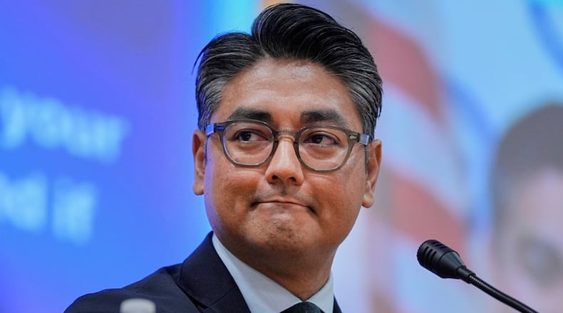 FILE - Incumbent Cincinnati Mayor Aftab Pureval participates in a candidate forum with Brian Frank hosted by the Cincinnati NAACP, April 15, 2025, in Cincinnati. (AP Photo/Carolyn Kaster, File)